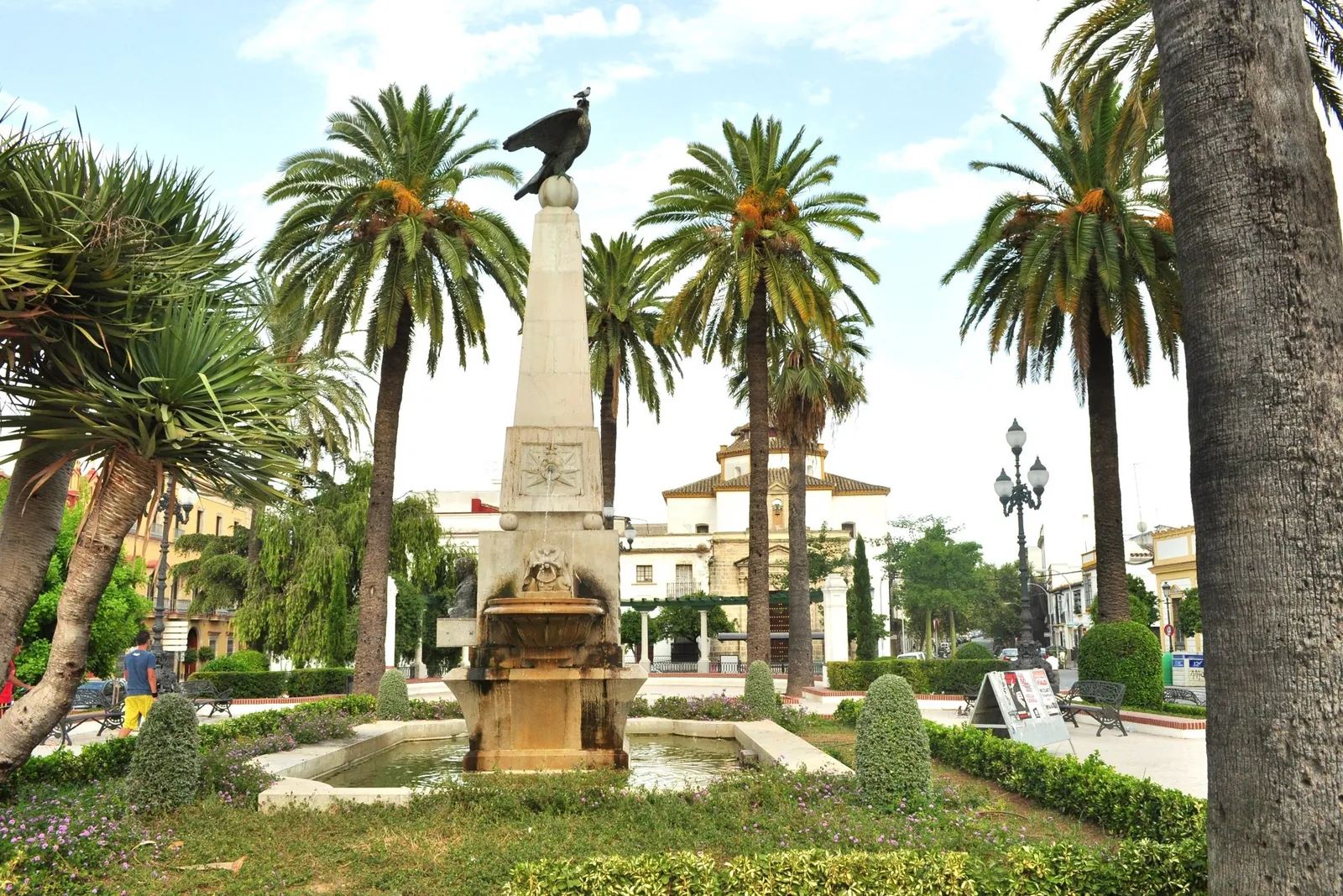 Tall palm trees and a stone monument topped by a bronze eagle in the Plaza de las Angustias in Jerez